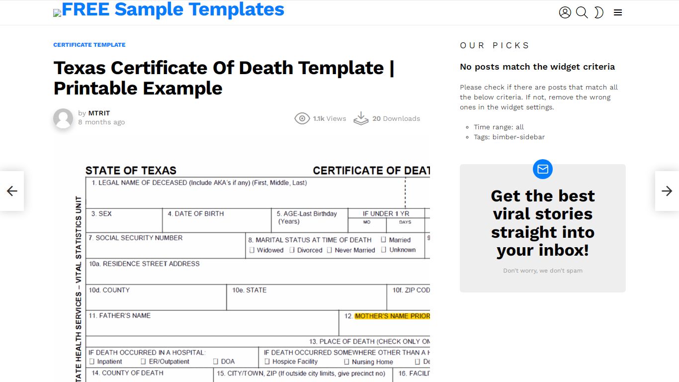 Texas Certificate Of Death Template - FREE Sample Templates